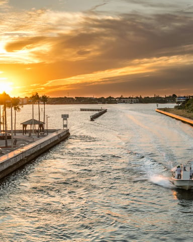 Golden sunset over a Florida waterway with a great blue heron standing on the rocks